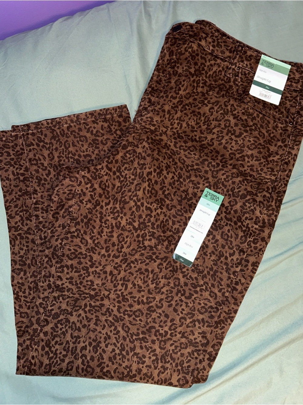 Terra & Sky Brown Leopard Print jean pant Straight Leg Pants